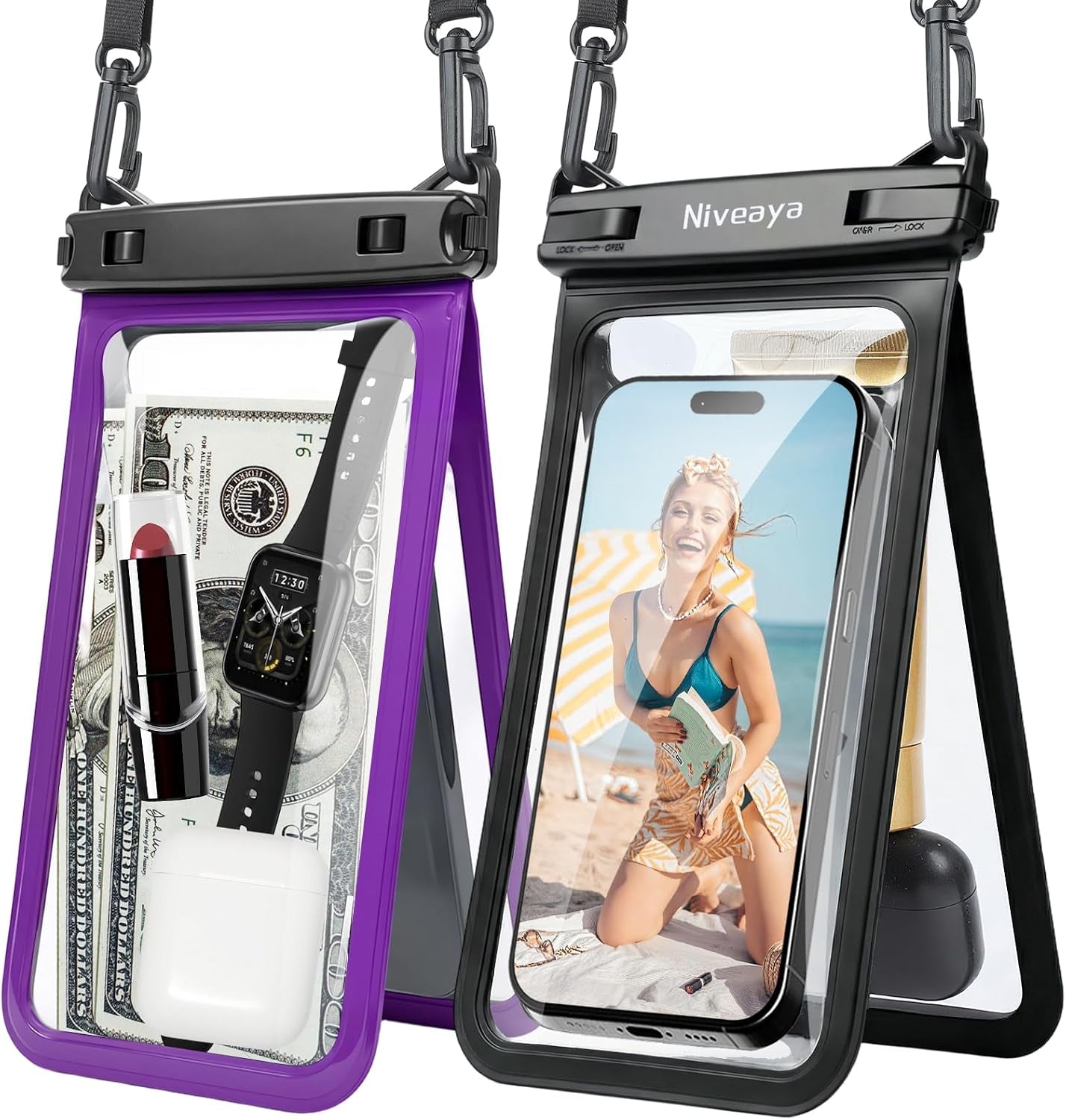 Double Space Waterproof Phone Pouch, IPX8 Phone Case with Lanyard for Iphone 17 16 15 Pro Max, Galaxy S25 Ultra, Cellphone Dry Bag for Beach, Cruise Travel Ship Essentials 2 Pack (Up to 8.3")
