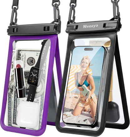 Double Space Waterproof Phone Pouch, IPX8 Phone Case with Lanyard for Iphone 17 16 15 Pro Max, Galaxy S25 Ultra, Cellphone Dry Bag for Beach, Cruise Travel Ship Essentials 2 Pack (Up to 8.3")