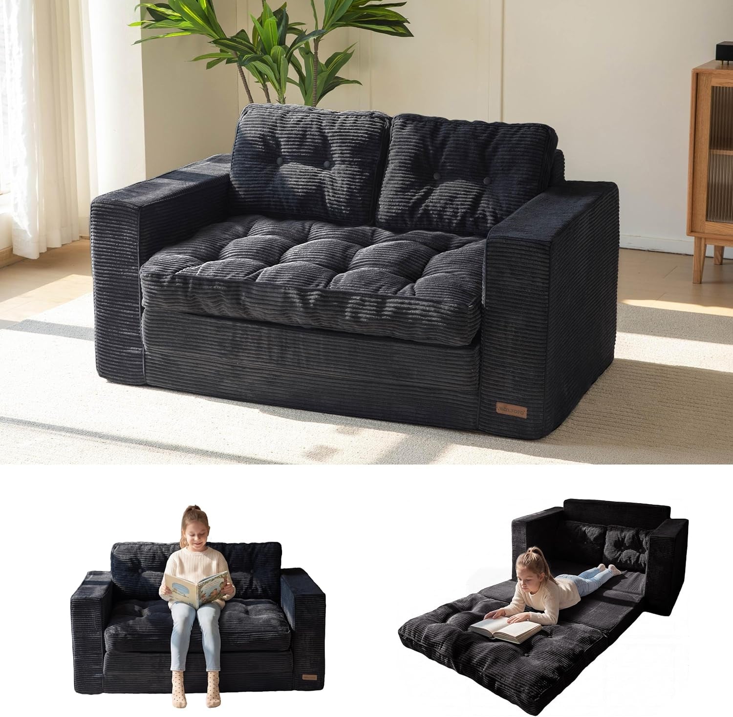 Convertible Sofa Bed, Pull Out Loveseat Sofa Couch, 2 in 1 Folding Couch Bed, Fold Out Floor Couch with Pillows for Living Room Bedroom Lounge, Black