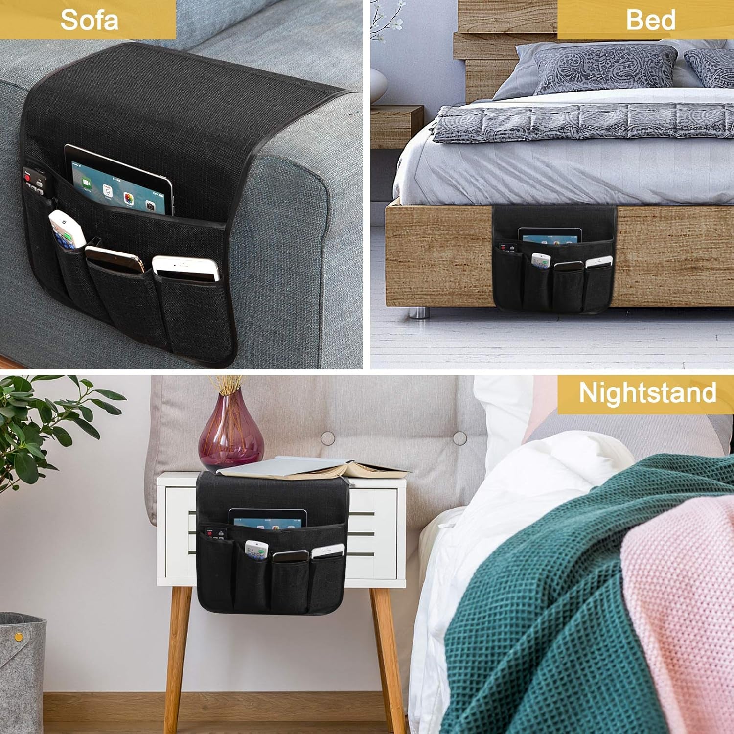 Sofa Armrest Organizer Non-Slip Remote Control Holders for Recliner Couch Chair Armchair Caddy with 5 Pockets for Table,Cell Phone,Ipad,Magazines,Books (Black, 13 X 35 Inch)
