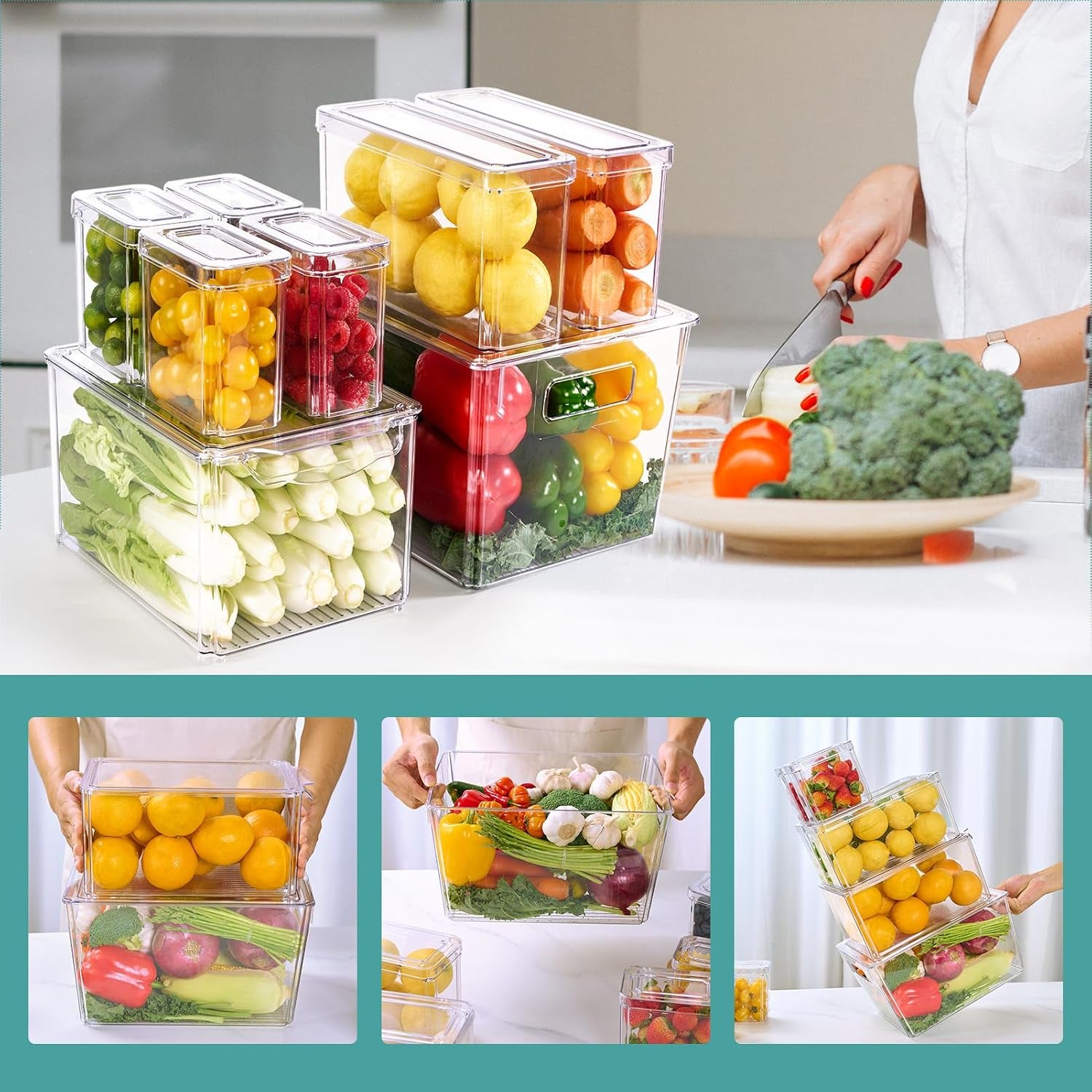 8 Pack Fridge Organizers, Clear Stackable Organizer Bins with Lids