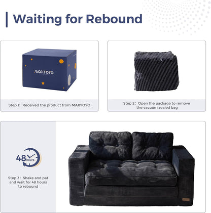 Convertible Sofa Bed, Pull Out Loveseat Sofa Couch, 2 in 1 Folding Couch Bed, Fold Out Floor Couch with Pillows for Living Room Bedroom Lounge, Black