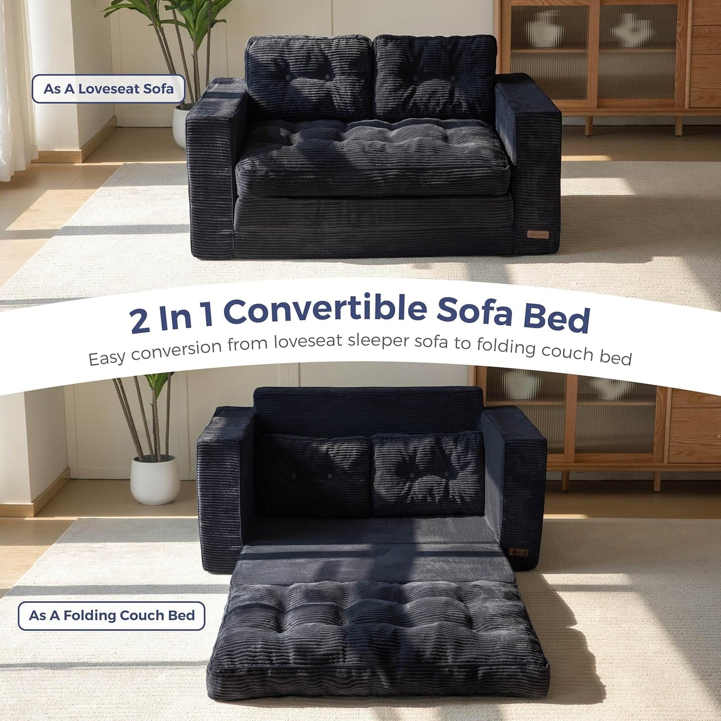 Convertible Sofa Bed, Pull Out Loveseat Sofa Couch, 2 in 1 Folding Couch Bed, Fold Out Floor Couch with Pillows for Living Room Bedroom Lounge, Black