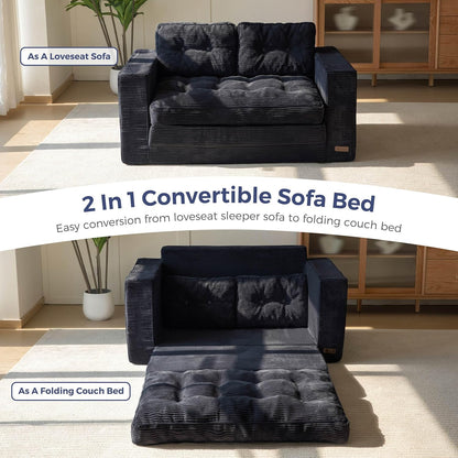 Convertible Sofa Bed, Pull Out Loveseat Sofa Couch, 2 in 1 Folding Couch Bed, Fold Out Floor Couch with Pillows for Living Room Bedroom Lounge, Black