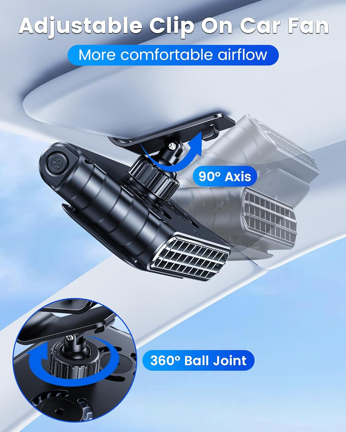 Car Clip on Fan for SUV Pickup Truck RV Visors No Blocking (Black)