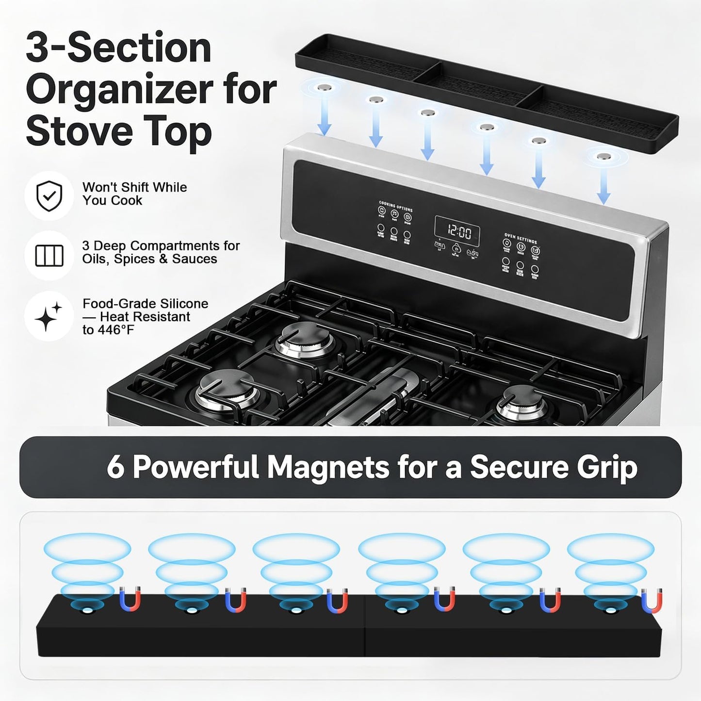 30" Magnetic Stove Top Shelf, Silicone over the Stove Spice Rack Organizer
