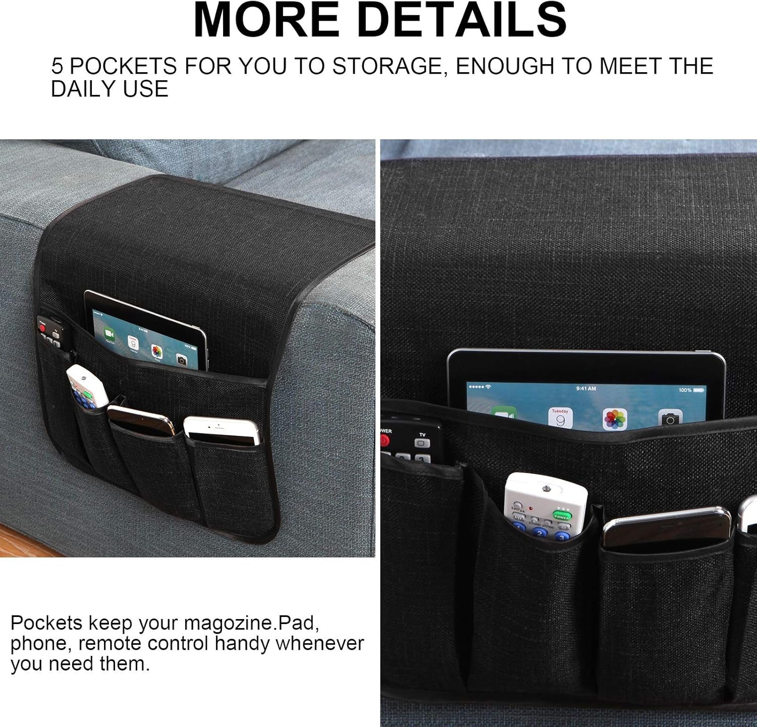 Sofa Armrest Organizer Non-Slip Remote Control Holders for Recliner Couch Chair Armchair Caddy with 5 Pockets for Table,Cell Phone,Ipad,Magazines,Books (Black, 13 X 35 Inch)