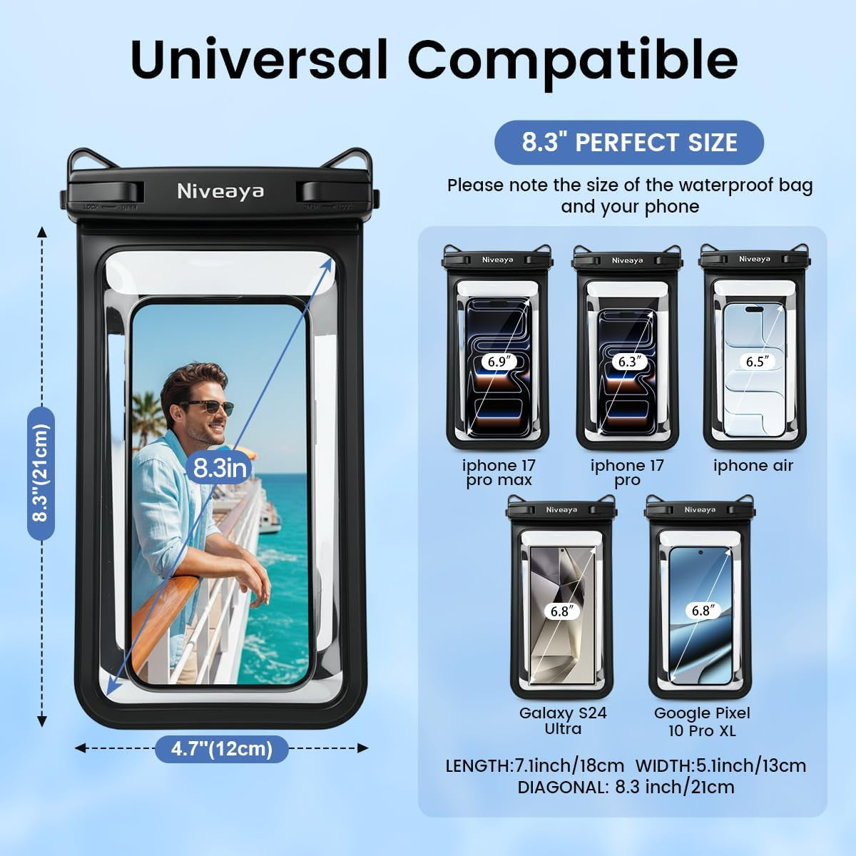 Double Space Waterproof Phone Pouch, IPX8 Phone Case with Lanyard for Iphone 17 16 15 Pro Max, Galaxy S25 Ultra, Cellphone Dry Bag for Beach, Cruise Travel Ship Essentials 2 Pack (Up to 8.3")