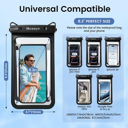 Double Space Waterproof Phone Pouch, IPX8 Phone Case with Lanyard for Iphone 17 16 15 Pro Max, Galaxy S25 Ultra, Cellphone Dry Bag for Beach, Cruise Travel Ship Essentials 2 Pack (Up to 8.3")