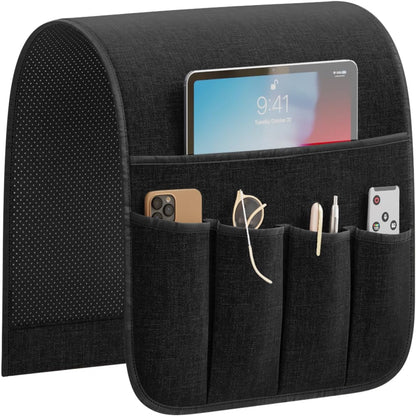 Sofa Armrest Organizer Non-Slip Remote Control Holders for Recliner Couch Chair Armchair Caddy with 5 Pockets for Table,Cell Phone,Ipad,Magazines,Books (Black, 13 X 35 Inch)
