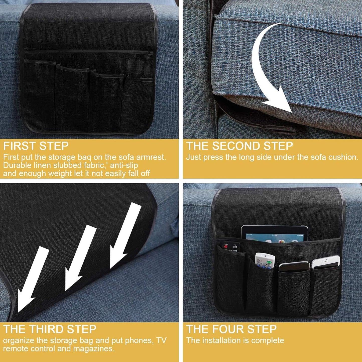 Sofa Armrest Organizer Non-Slip Remote Control Holders for Recliner Couch Chair Armchair Caddy with 5 Pockets for Table,Cell Phone,Ipad,Magazines,Books (Black, 13 X 35 Inch)