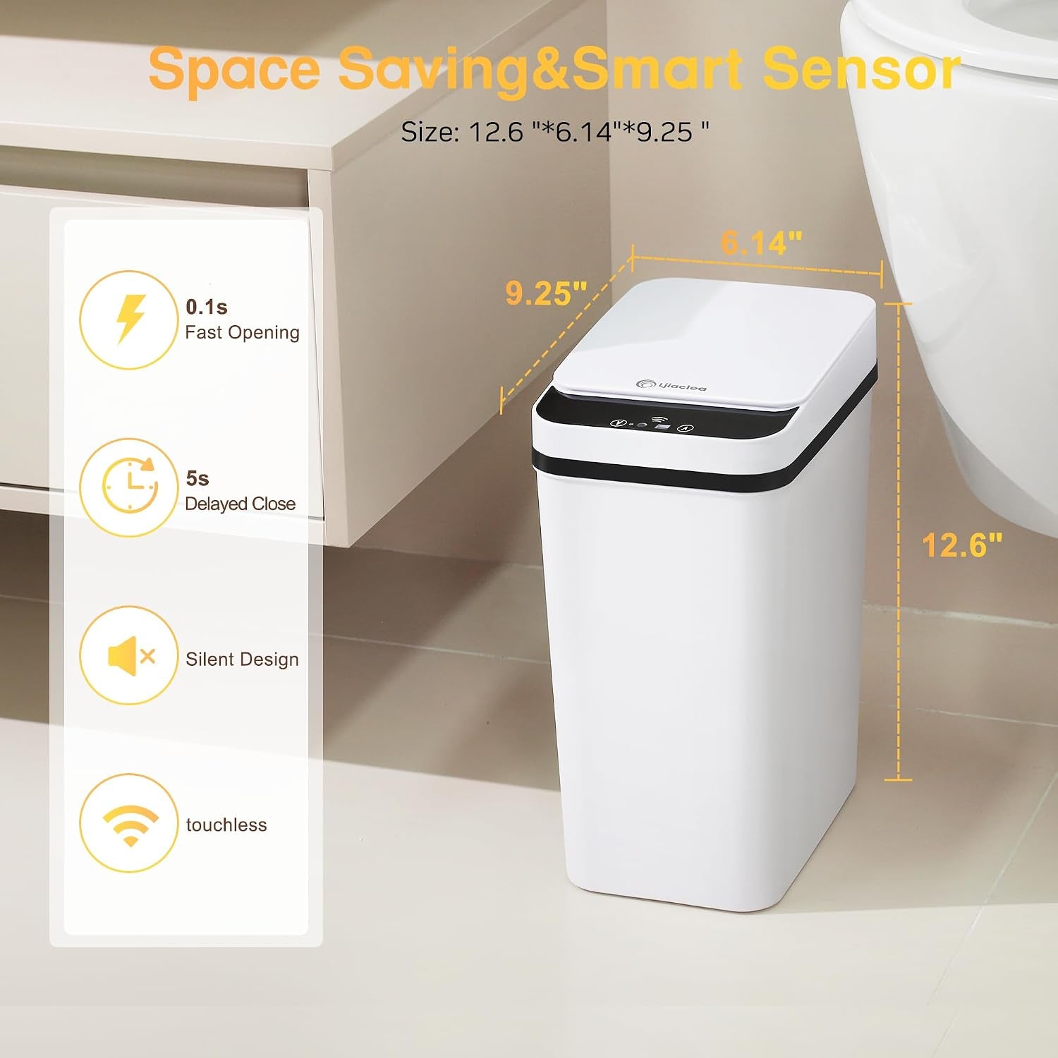 Bathroom Trash Can Automatic Touchless 2.6 Gallon Small Smart Trash Cans with Lid Slim Garbage Can for Kitchen, Toilet, Bedroom, RV, Living Room