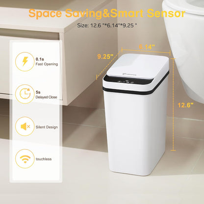 Bathroom Trash Can Automatic Touchless 2.6 Gallon Small Smart Trash Cans with Lid Slim Garbage Can for Kitchen, Toilet, Bedroom, RV, Living Room
