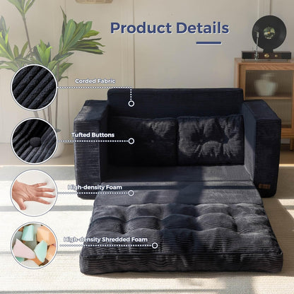 Convertible Sofa Bed, Pull Out Loveseat Sofa Couch, 2 in 1 Folding Couch Bed, Fold Out Floor Couch with Pillows for Living Room Bedroom Lounge, Black