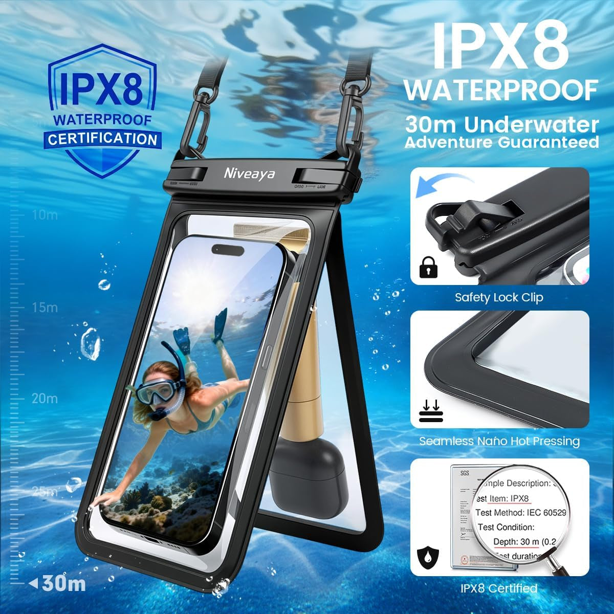 Double Space Waterproof Phone Pouch, IPX8 Phone Case with Lanyard for Iphone 17 16 15 Pro Max, Galaxy S25 Ultra, Cellphone Dry Bag for Beach, Cruise Travel Ship Essentials 2 Pack (Up to 8.3")