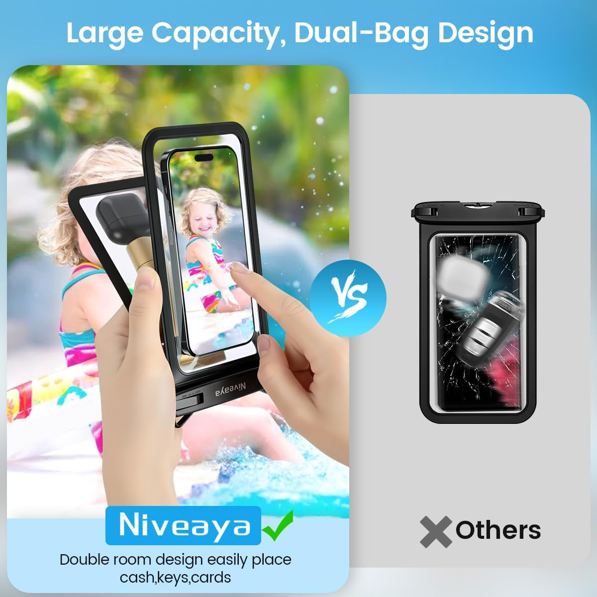 Double Space Waterproof Phone Pouch, IPX8 Phone Case with Lanyard for Iphone 17 16 15 Pro Max, Galaxy S25 Ultra, Cellphone Dry Bag for Beach, Cruise Travel Ship Essentials 2 Pack (Up to 8.3")