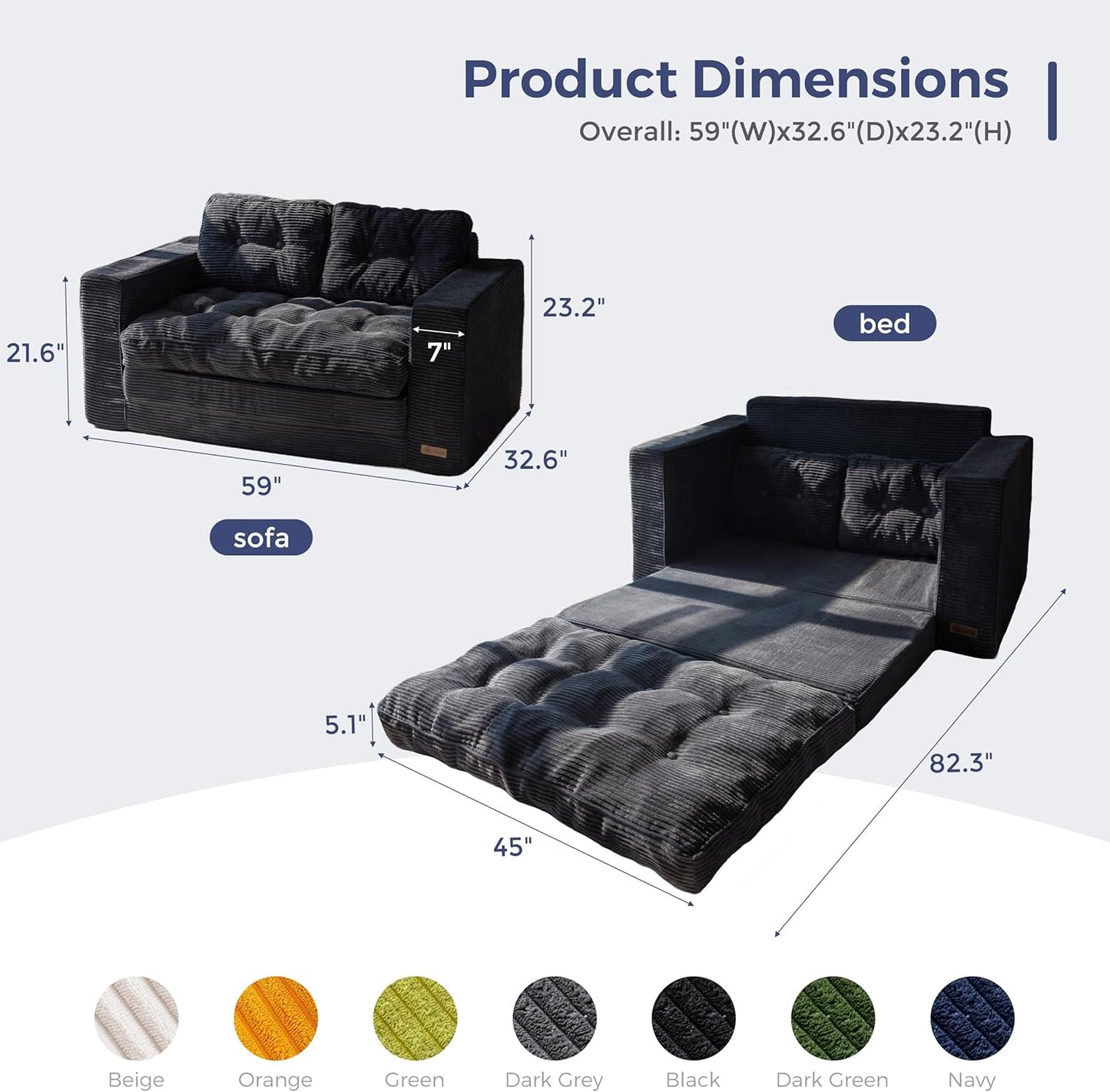 Convertible Sofa Bed, Pull Out Loveseat Sofa Couch, 2 in 1 Folding Couch Bed, Fold Out Floor Couch with Pillows for Living Room Bedroom Lounge, Black